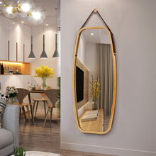Load image into Gallery viewer, Modern Wall Mirror with Bamboo Frame and Adjustable Leather Strap
