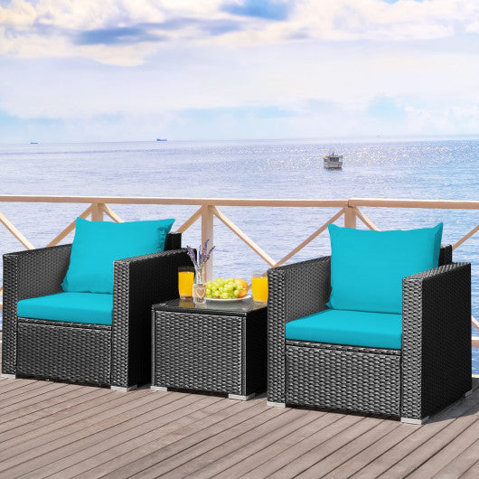 3 Pieces Patio wicker Furniture Set with Cushion-Turquoise