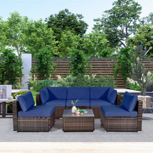 Load image into Gallery viewer, 6 Pieces Patio Rattan Furniture Set with Cushions and Glass Coffee Table-Navy
