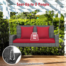 Load image into Gallery viewer, 2-Person Patio PE Wicker Hanging Porch Swing Bench Chair Cushion 800 Pounds-Red
