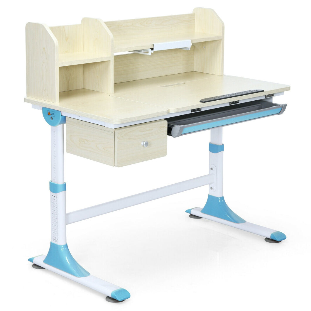 Adjustable Height Kids Study Desk Drafting Table with Bookshelf and Hutch-Blue