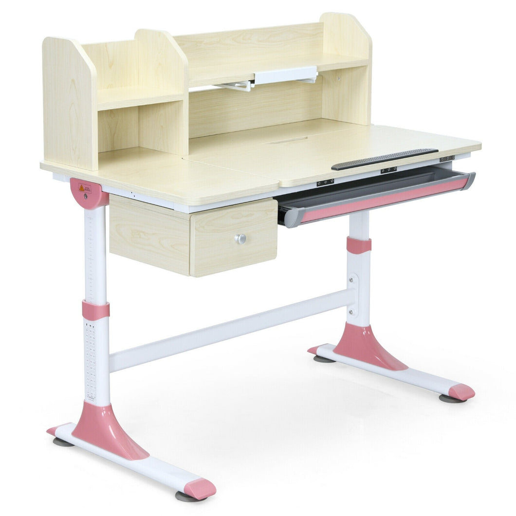 Adjustable Height Kids Study Desk Drafting Table with Bookshelf and Hutch-Pink