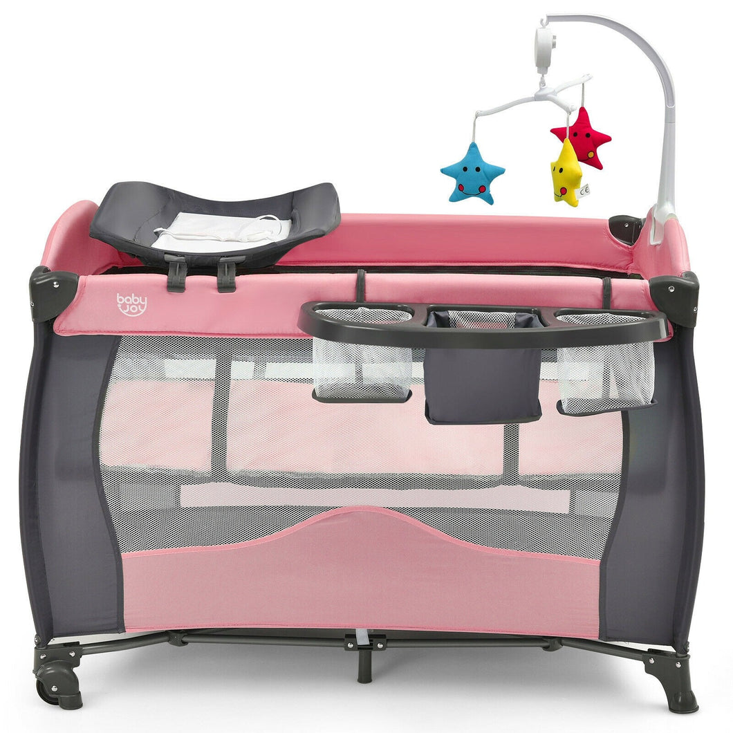 3 in 1 Baby Playard Portable Infant Nursery Center with Music Box-Pink