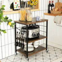 Load image into Gallery viewer, 3-Tier Kitchen Baker&#39;s Rack Microwave Oven Storage Cart with Hooks-Rustic Brown
