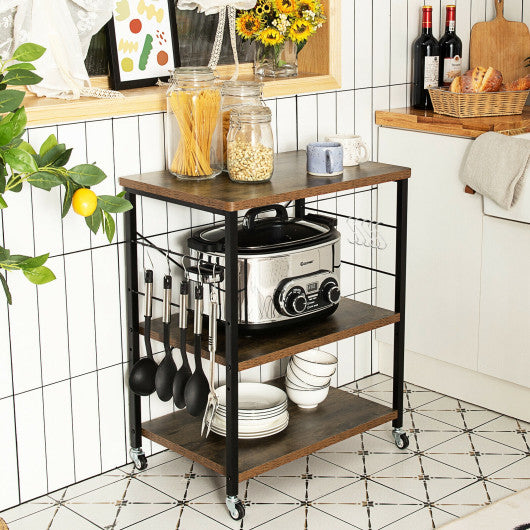 3-Tier Kitchen Baker's Rack Microwave Oven Storage Cart with Hooks-Rustic Brown
