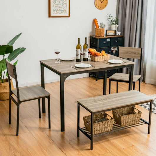 4 Pieces Rustic Dining Table Set with 2 Chairs and Bench-Gray