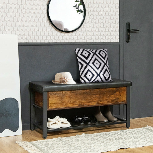 Shoe Bench Padded Bench with Storage Box and Shoe Shelf-Black