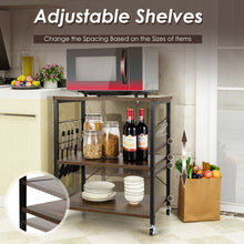 Load image into Gallery viewer, 3-Tier Kitchen Baker&#39;s Rack Microwave Oven Storage Cart with Hooks-Charcoal Brown
