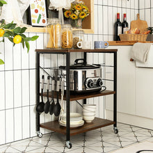 Load image into Gallery viewer, 3-Tier Kitchen Baker&#39;s Rack Microwave Oven Storage Cart with Hooks-Charcoal Brown
