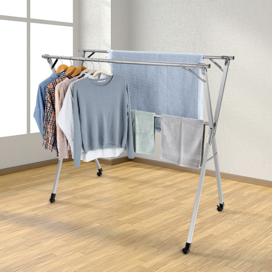 Clothes Drying Rack Stainless Steel Garment Rack Adjustable and Foldable with Wheels
