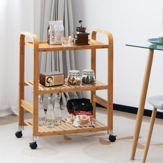 3-Tier Multifunctional Bamboo Kitchen  Rolling Cart with Locking Casters and Sided Handles-Natural