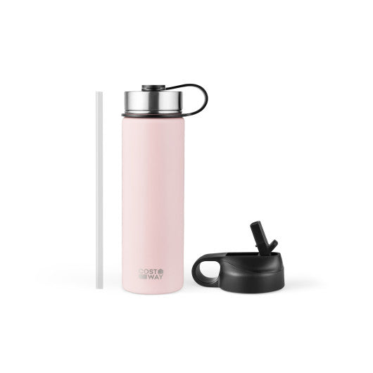 22 Oz Double-walled Insulated Stainless Steel Water Bottle with 2 Lids and Straw-Pink