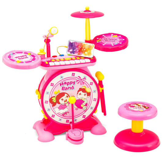 2-in-1 Kids Electronic Drum and Keyboard Set with Stool-Pink