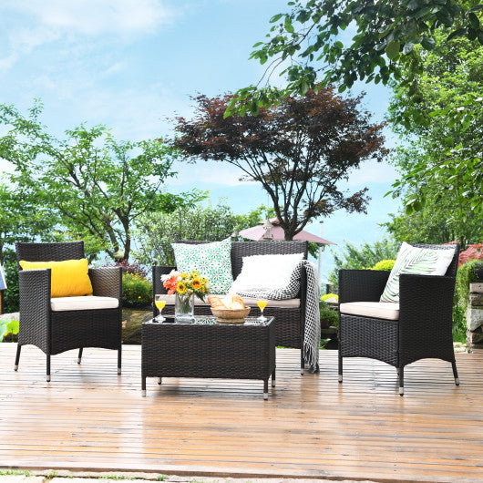 4 Pcs Rattan Outdoor Patio Conversation Furniture Set with Glass Table and Comfortable Wicker Sectional Sofa-Khaki