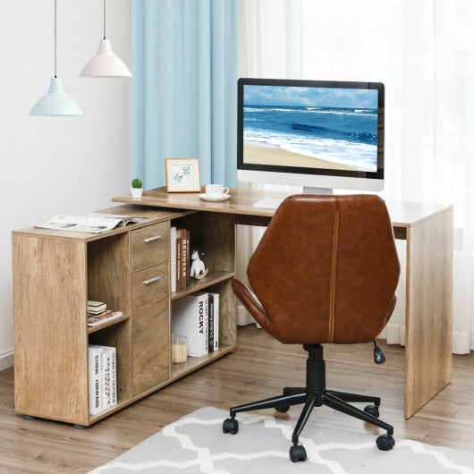 Rotating L-Shape Corner Writing Study Computer Desk-Natural