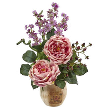 Load image into Gallery viewer, Large Rose and Dancing Daisy in Wooden Pot
