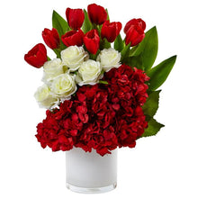 Load image into Gallery viewer, Tulip Rose &amp; Hydrangea Arrangement
