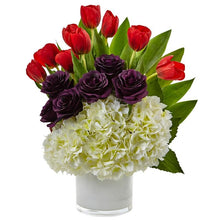 Load image into Gallery viewer, Tulip Rose &amp; Hydrangea Arrangement
