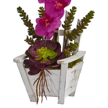 Load image into Gallery viewer, Phalaenopsis Orchid &amp; Succulent Artificial Arrangement in Chair Planter
