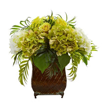 Load image into Gallery viewer, Roses and Hydrangea Artificial Arrangement in Metal Planter
