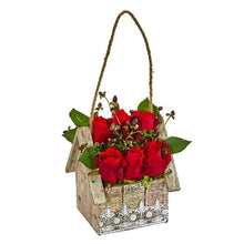 Load image into Gallery viewer, Elegant Rose Artificial Arrangement in Birdhouse Hanging Planter

