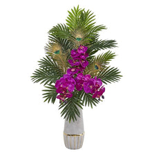 Load image into Gallery viewer, Phalaenopsis Orchid and Peacock Feather Artificial Arrangement
