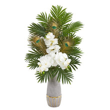 Load image into Gallery viewer, Phalaenopsis Orchid and Peacock Feather Artificial Arrangement
