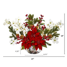 Load image into Gallery viewer, Poinsettia, Dogwood, Berry and Pine Artificial Arrangement in Silver Vase
