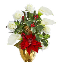 Load image into Gallery viewer, Holiday Inspired Artificial Arrangement in Gold Vase
