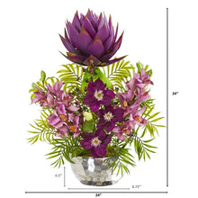 Load image into Gallery viewer, 24" Cymbidium Orchid and Mixed Floral Artificial Arrangement in Silver Vase

