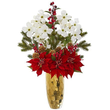 Load image into Gallery viewer, Poinsettia, Dogwood, Holly Berry and Pine Artificial Arrangement in Gold Vase
