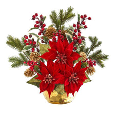 Load image into Gallery viewer, 17" Poinsettia, Holly Berry and Pine Artificial Arrangement
