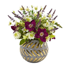 Load image into Gallery viewer, 14" Mixed Artificial Flower Arrangement in Stoneware Vase with Gold Trimming
