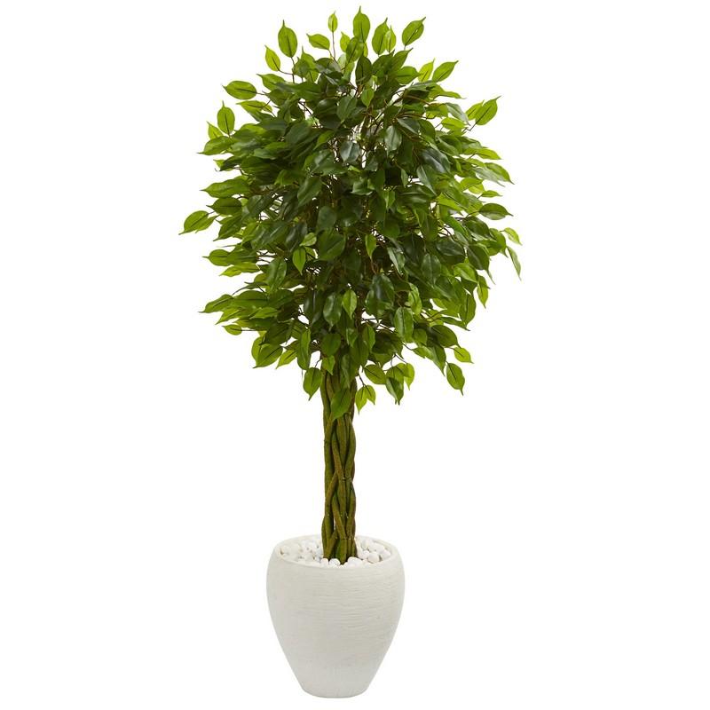 4.5'Braided Ficus Artificial Tree in White Planter UV Resistant (Indoor/Outdoor)