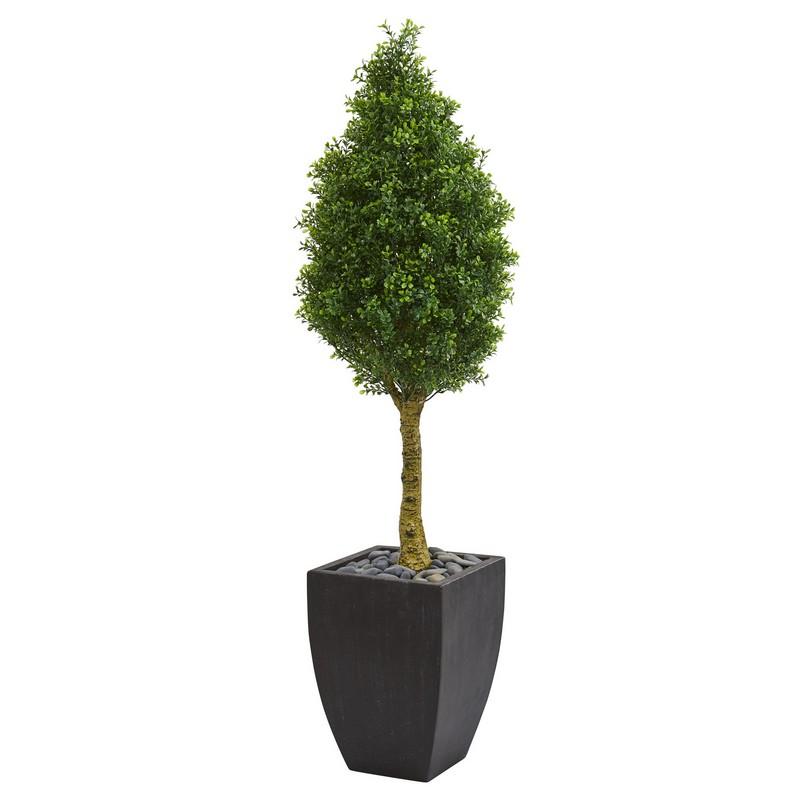 5'Boxwood Cone Artificial Tree in Black Wash Planter UV Resistant (Indoor/Outdoor)