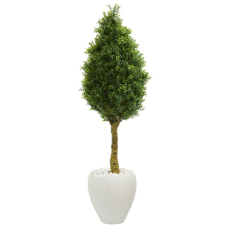 4.5'Boxwood Cone Topiary Artificial Tree in White Oval Planter UV Resistant (Indoor/Outdoor)