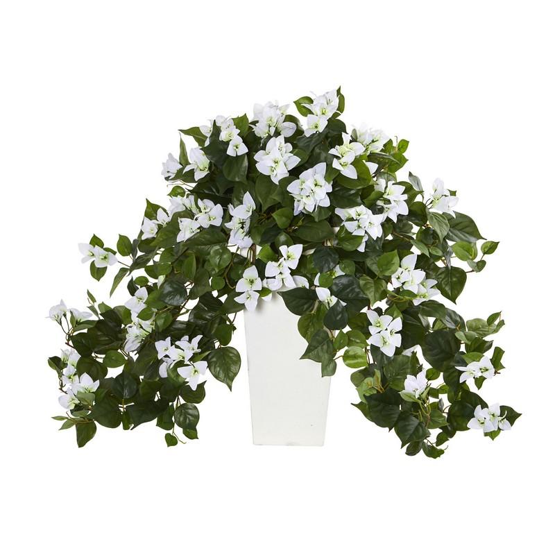 Bougainvillea Artificial Plant in White Tower Planter