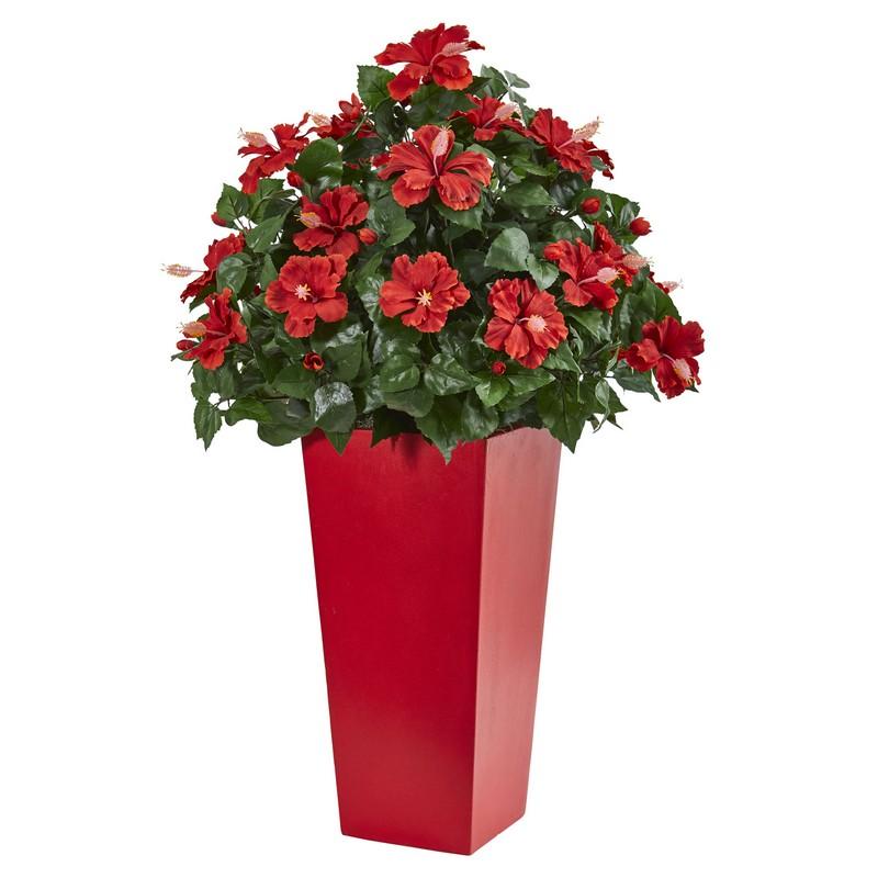 3'Hibiscus Artificial Plant in Red Planter