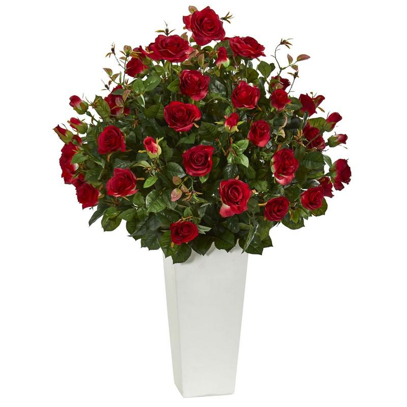 3'Rose Bush Artificial Plant in White Tower Vase