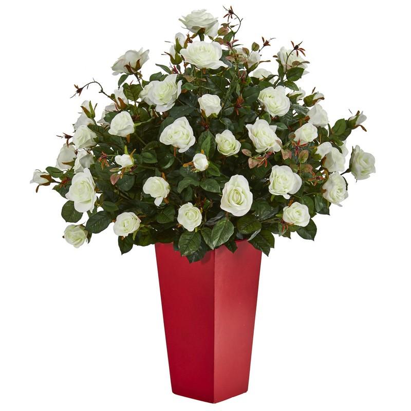 Rose Bush Artificial Plant in Red Planter