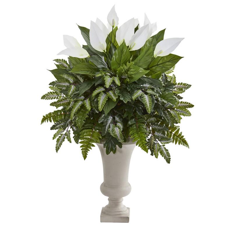 Mixed Spathifyllum Artificial Plant in White Urn