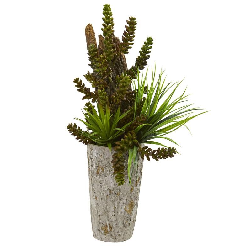 Succulent and Grass Garden Artificial Plant in Weathered Planter