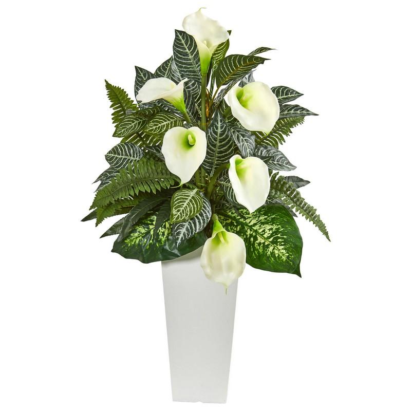 3'Calla Lily and Mixed Greens Artificial Plant in White Vase