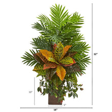 Load image into Gallery viewer, 32&quot; Areca Palm and Croton Artificial Plant in Weathered Vase
