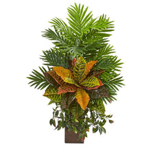 Load image into Gallery viewer, 32&quot; Areca Palm and Croton Artificial Plant in Weathered Vase
