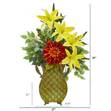 Load image into Gallery viewer, 25&quot; Dahlia, Lily and Ficus Artificial Plant in Metal Planter
