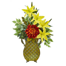 Load image into Gallery viewer, 25&quot; Dahlia, Lily and Ficus Artificial Plant in Metal Planter
