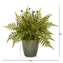 Load image into Gallery viewer, 20&quot; Fern Artificial Plant in Olive Green Planter
