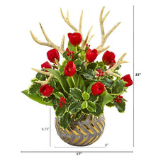 Load image into Gallery viewer, Tulips, Antlers and Holly Leaf Artificial Arrangement in Bowl
