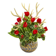 Load image into Gallery viewer, Tulips, Antlers and Holly Leaf Artificial Arrangement in Bowl
